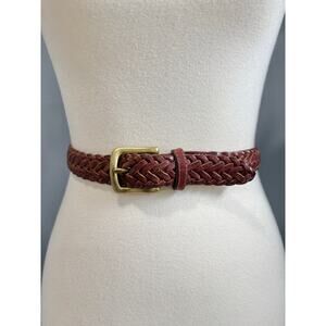 Vintage Brown Braided Woven Leather Belt Gold Buckle Boho Minimalist, Medium75